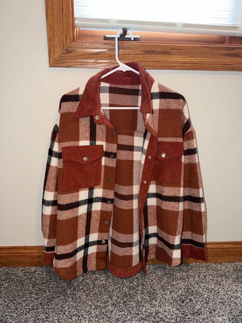 Rust Plaid Button-Up Shacket with Chest Pockets